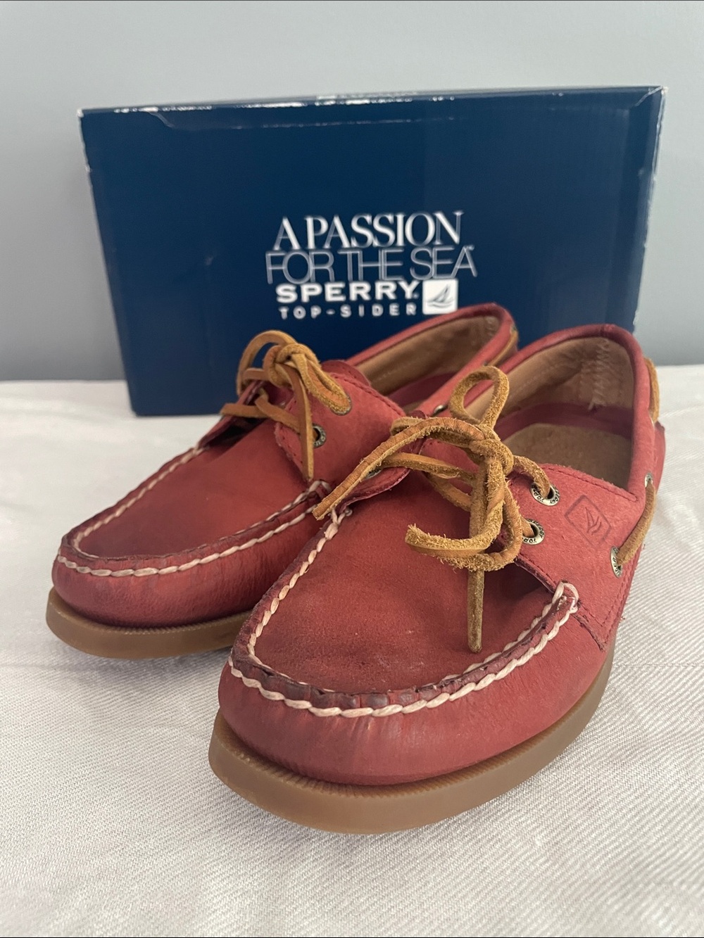 Sperry Weather Worn Red Leather Boat Shoes with Tan Laces